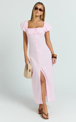 Welmina Midi Dress - Short Sleeve Placket Front Dress in Pale Pink