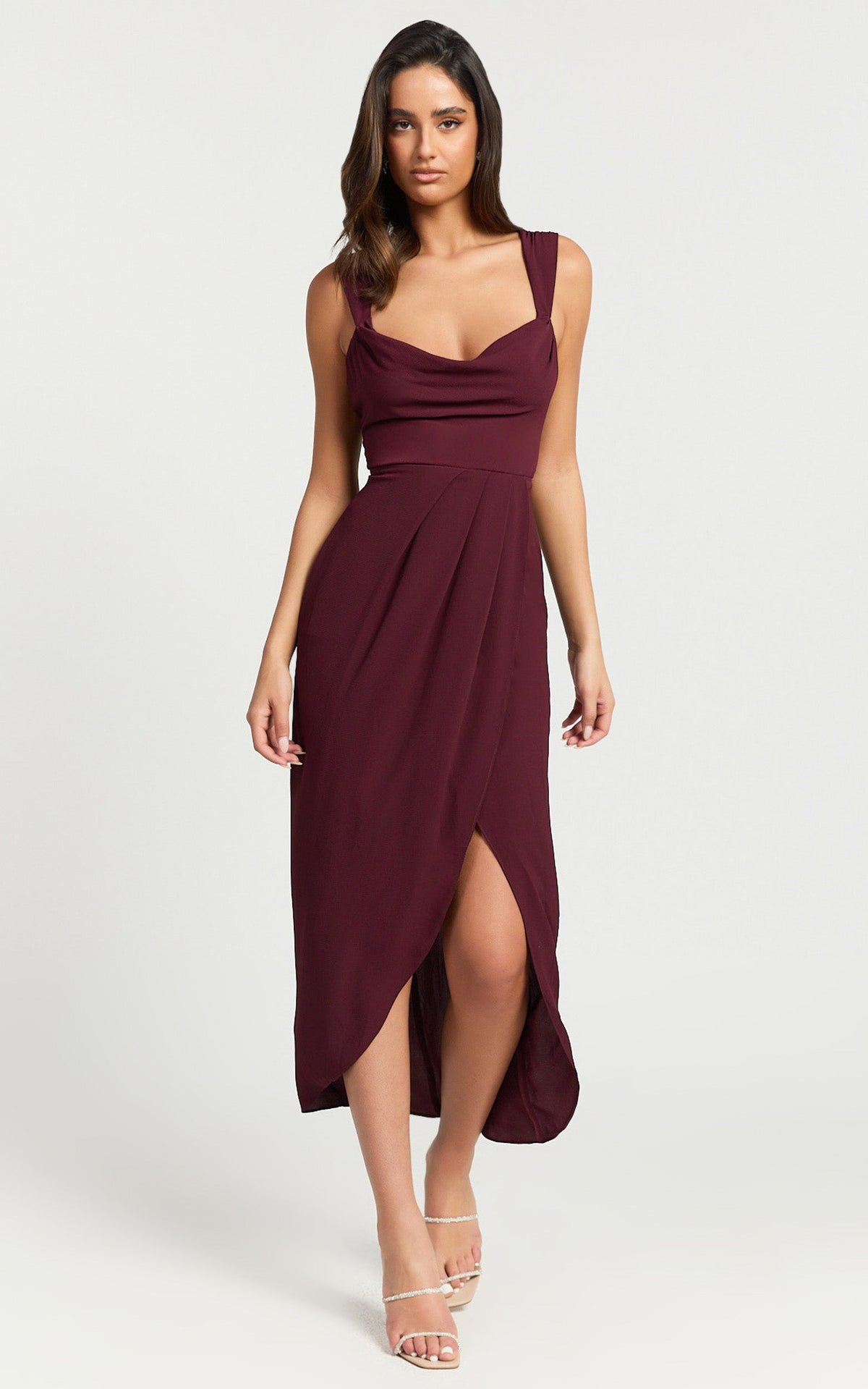 Wenalyn Midi Dress - Cowl Neck Draped Dress in Wine