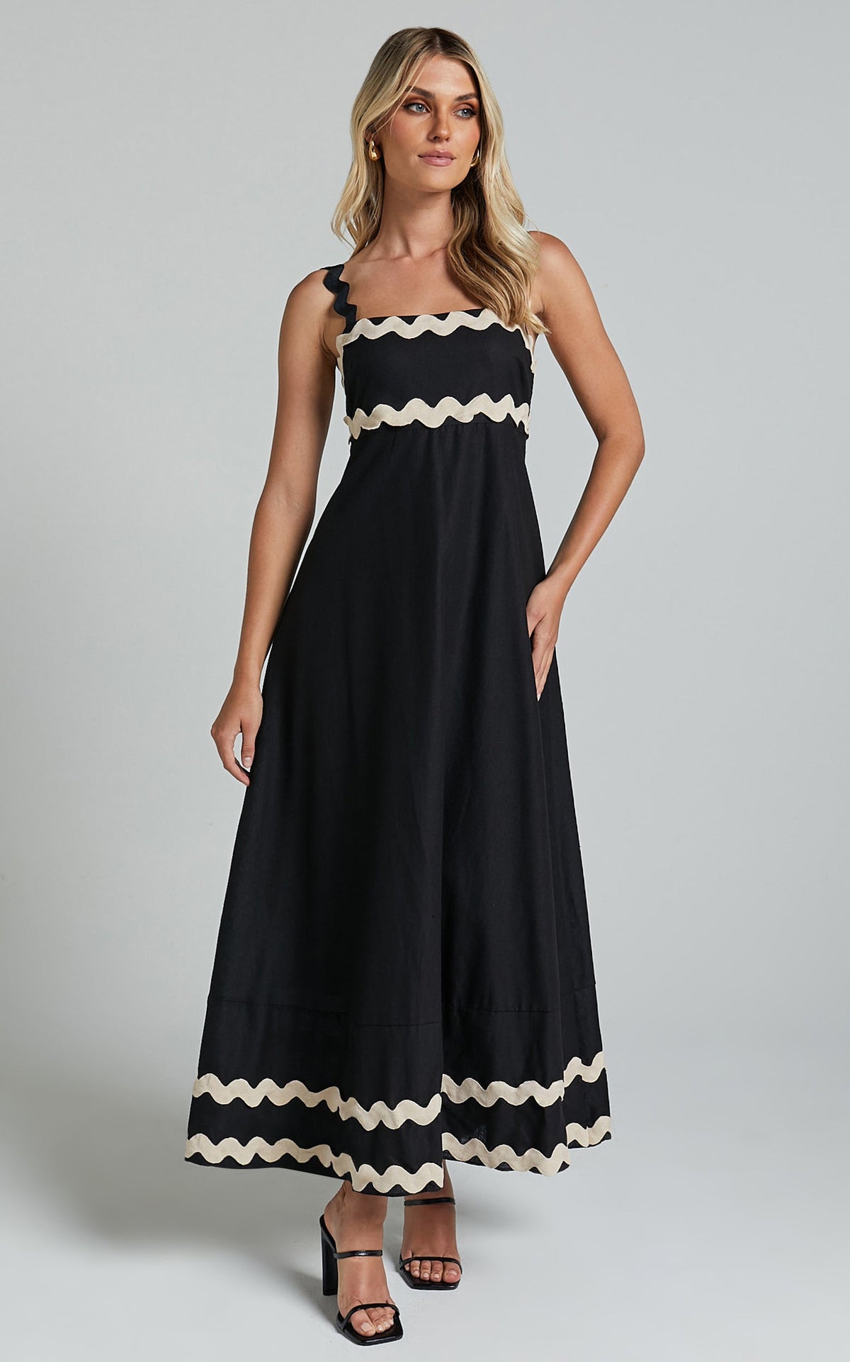 Wenalyn Midi Linen Blend Dress - Straight Neck Wave Detail A Line Dress in Black with Beige Contrast Trim