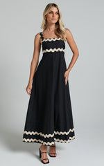 Wenalyn Midi Linen Blend Dress - Straight Neck Wave Detail A Line Dress in Black with Beige Contrast Trim