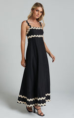 Wenalyn Midi Linen Blend Dress - Straight Neck Wave Detail A Line Dress in Black with Beige Contrast Trim