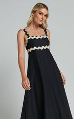 Wenalyn Midi Linen Blend Dress - Straight Neck Wave Detail A Line Dress in Black with Beige Contrast Trim