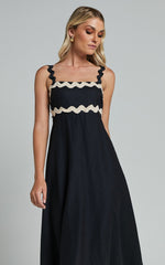 Wenalyn Midi Linen Blend Dress - Straight Neck Wave Detail A Line Dress in Black with Beige Contrast Trim