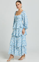 Wendy Midi Dress - Sweetheart Long Sleeve Layered Dress in Blue Floral