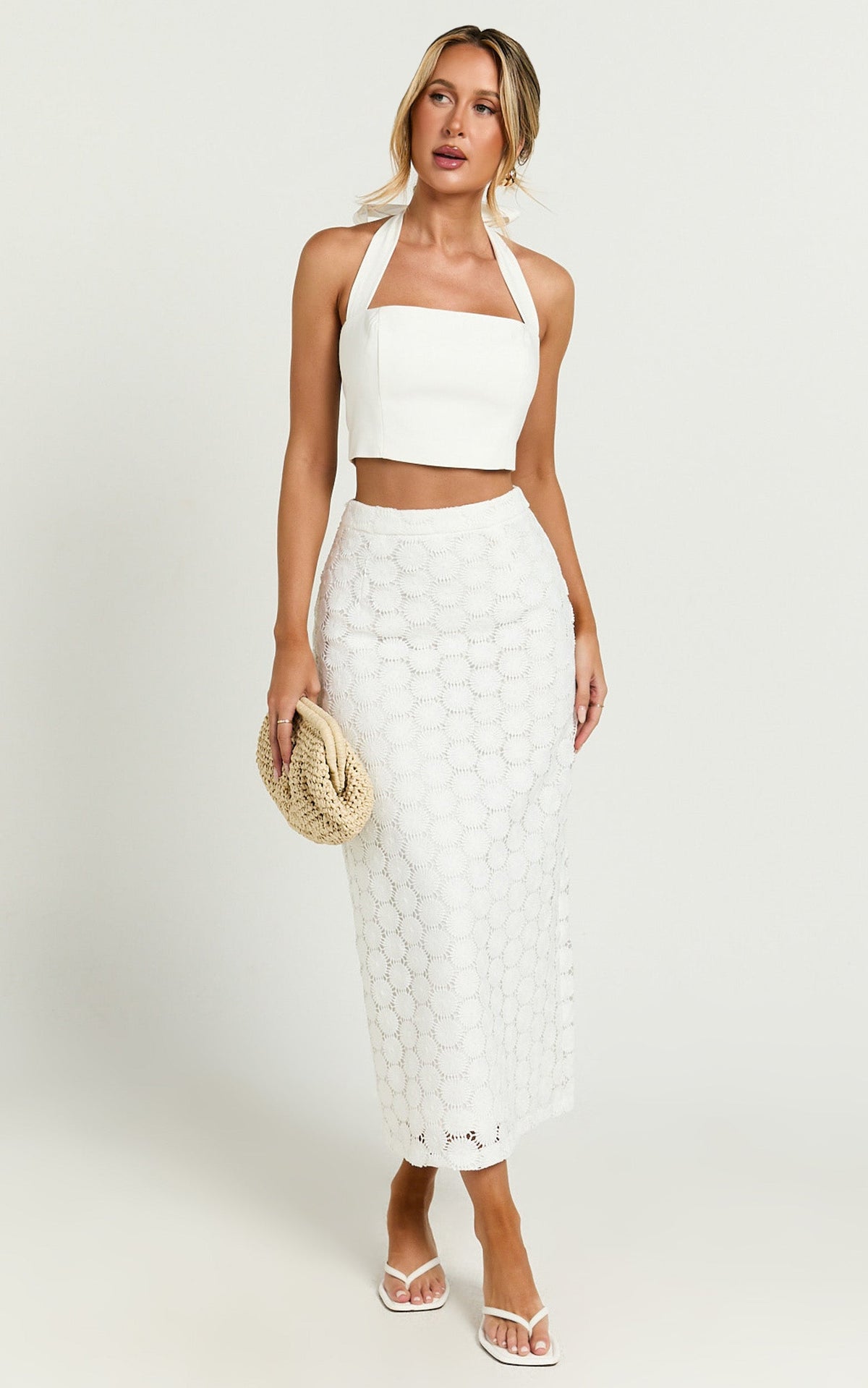 Wendy Midi Skirt - Broderie Lace High Waist Skirt in White