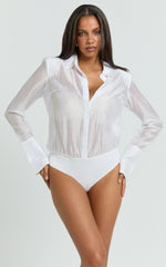 Wilda Bodysuit - Square Shoulders Button Down Bodysuit in White
