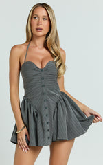 Wilda Mini Dress - Halter Tie Sweetheart Neck Fit And Flare Dress in Dark Grey