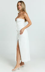 Wilde Midi Dress - Boucle Strapless Button Front Bodycon Dress in White