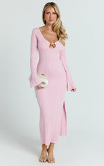 Wilde Midi Dress - Textured Stripe Knit V Neck Metal Trim Dress in Pink