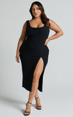 Wilder Midi Dress - Textured Thigh Split Bodycon Dress in Black