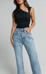 Wilkins Jeans - High Waisted Straight Leg Cropped Hem Jeans in Mid Blue Wash