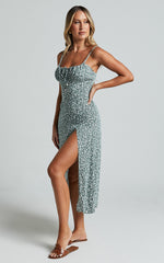 Willa Midi Dress - Ruched Bust Thigh Split Dress in Olive Floral