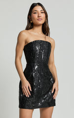 Willa Mini Dress - Jacquard Strapless Corset Dress in Black