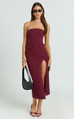 Wilma Midi Dress - Strapless Tailored High Split Dress in Wine