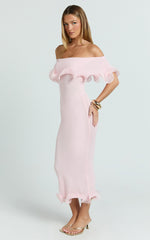 Winnie Maxi Dress - Off Shoulder Frilled Hem Knitted Dress in Baby Pink