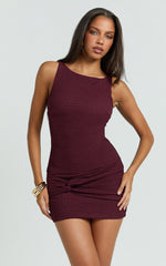 Wyatt Mini Dress - High Boatneck Twist Band Skirt Fitted Dress in Wine
