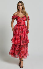 Xena Midi Dress - Off The Shoulder Cut Out Front Layered Dress in Pink Print