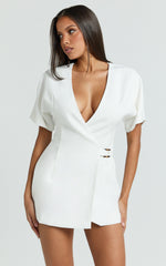 Xena Mini Dress - Mock Wrap Buckle Dress in White