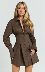 Yasmina Mini Dress - Button Front Long Sleeve Fit And Flare Dress in Dark Chocolate