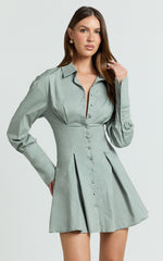 Yasmina Mini Dress - Button Front Long Sleeve Fit And Flare Dress in Sage