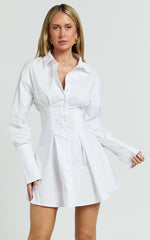 Yasmina Mini Dress - Button Front Long Sleeve Fit And Flare Dress in White