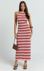 Yasmine Maxi Dress - Boat Neck Backless Stripe Knit Stripe Dress in Multi
