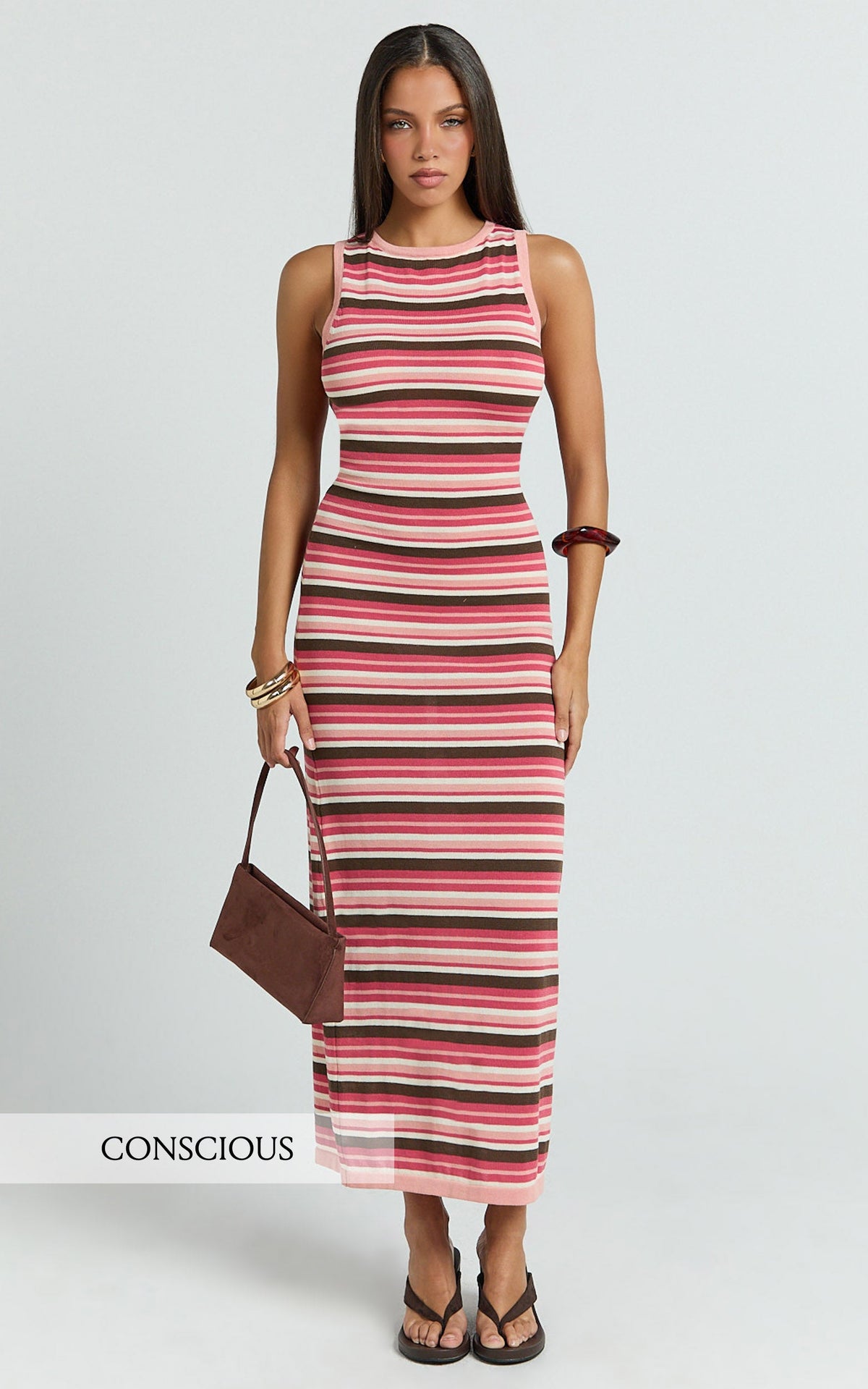 Yasmine Maxi Dress - Boat Neck Backless Stripe Knit Stripe Dress in Multi
