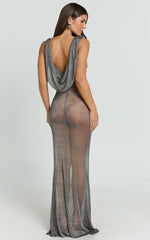 Yelena Maxi Dress - Plunge Glitter Jersey Bodycon Dress in Charcoal