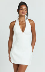 Yelena Mini Dress - Halter Neck Bow Detail Mini Dress in White
