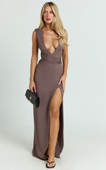 Ysolde Maxi Dress - Wide Strap Plunge Bodycon Dress in Mocha