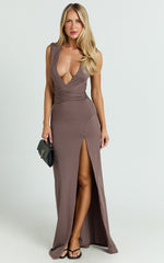 Ysolde Maxi Dress - Wide Strap Plunge Bodycon Dress in Mocha