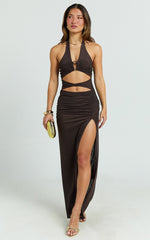 Yuna Maxi Dress - Halter Neck Ruched Cut Out Bodycon Dress in Chocolate