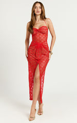 Yuna Midi Dress - Halter Twist Detail Drape Lace Dress in Red Orange