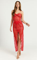 Yuna Midi Dress - Halter Twist Detail Drape Lace Dress in Red Orange