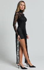 Yvette Midi Dress - High Neck Long Sleeve Slip Dress in Black