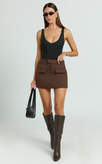 Yvette Mini Skirt - High Waisted Wool Look Skirt in Chocolate