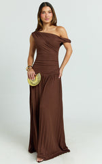 Yvonne Maxi Dress - Pleat Skirt Tip Shoulder Ruched Dress in Chocolate