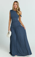 Yvonne Maxi Dress - Pleat Skirt Tip Shoulder Ruched Dress in Navy