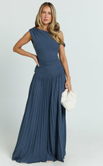 Yvonne Maxi Dress - Pleat Skirt Tip Shoulder Ruched Dress in Navy