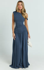 Yvonne Maxi Dress - Pleat Skirt Tip Shoulder Ruched Dress in Navy