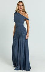 Yvonne Maxi Dress - Pleat Skirt Tip Shoulder Ruched Dress in Navy