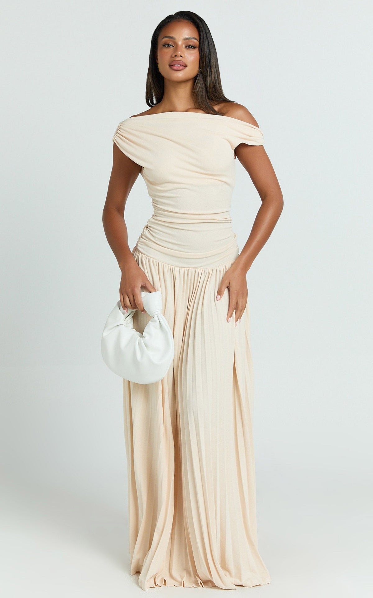 Yvonne Maxi Dress - Pleat Skirt Tip Shoulder Ruched Dress in Off White