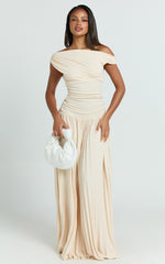 Yvonne Maxi Dress - Pleat Skirt Tip Shoulder Ruched Dress in Off White