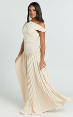 Yvonne Maxi Dress - Pleat Skirt Tip Shoulder Ruched Dress in Off White
