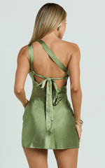 Zahra Mini Dress - One Shoulder Tie Back Dress in Deep Olive
