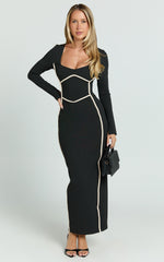 Zareena Midi Dress - Straight Neck Long Sleeve Slip Dress in Black