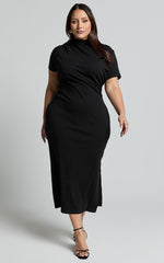 Zayna Midi Dress - Jersey Short Sleeve Dress in Black