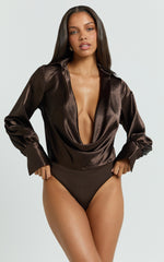 Zephyr Bodysuit - Plunge Neck Cowl Bodysuit in Chocolate