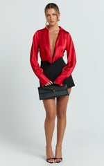 Zephyr Bodysuit - Plunge Neck Cowl Bodysuit in Red