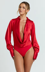 Zephyr Bodysuit - Plunge Neck Cowl Bodysuit in Red